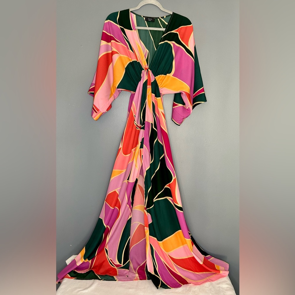 VICI Tropical Kimono Maxi Dress Green Pink Size Small Slit Front Gorgeous Flowy